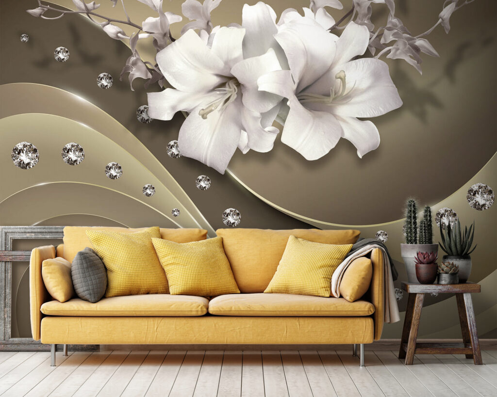 Witte bloemen boven siergolven — interieur 2