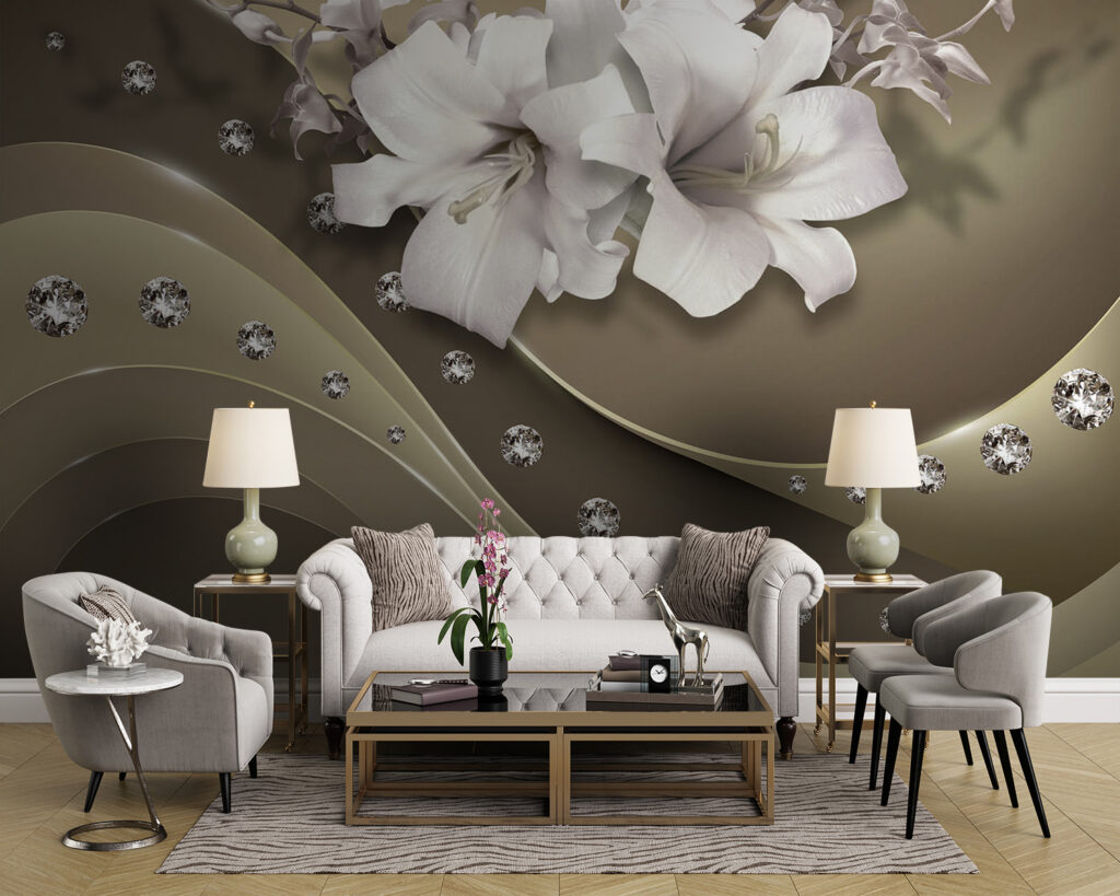 Witte bloemen boven siergolven — interieur 3