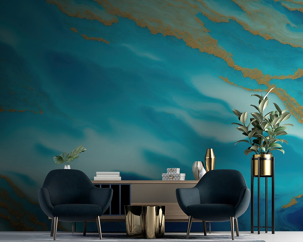 Turquoise kleurwolken met goudbanden — interieur 2