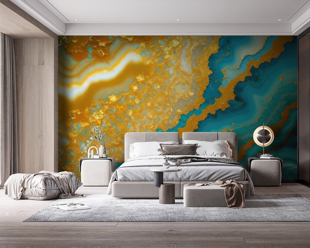 Gouden steenlagen door turquoise — interieur 1