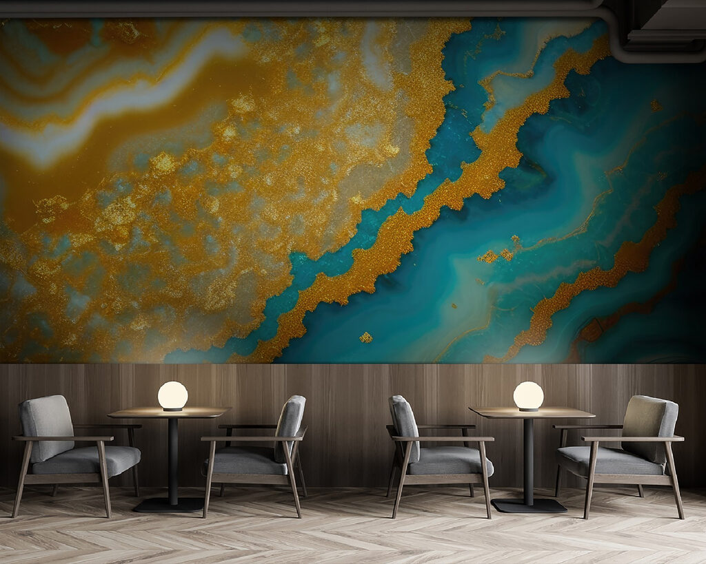 Gouden steenlagen door turquoise — interieur 4
