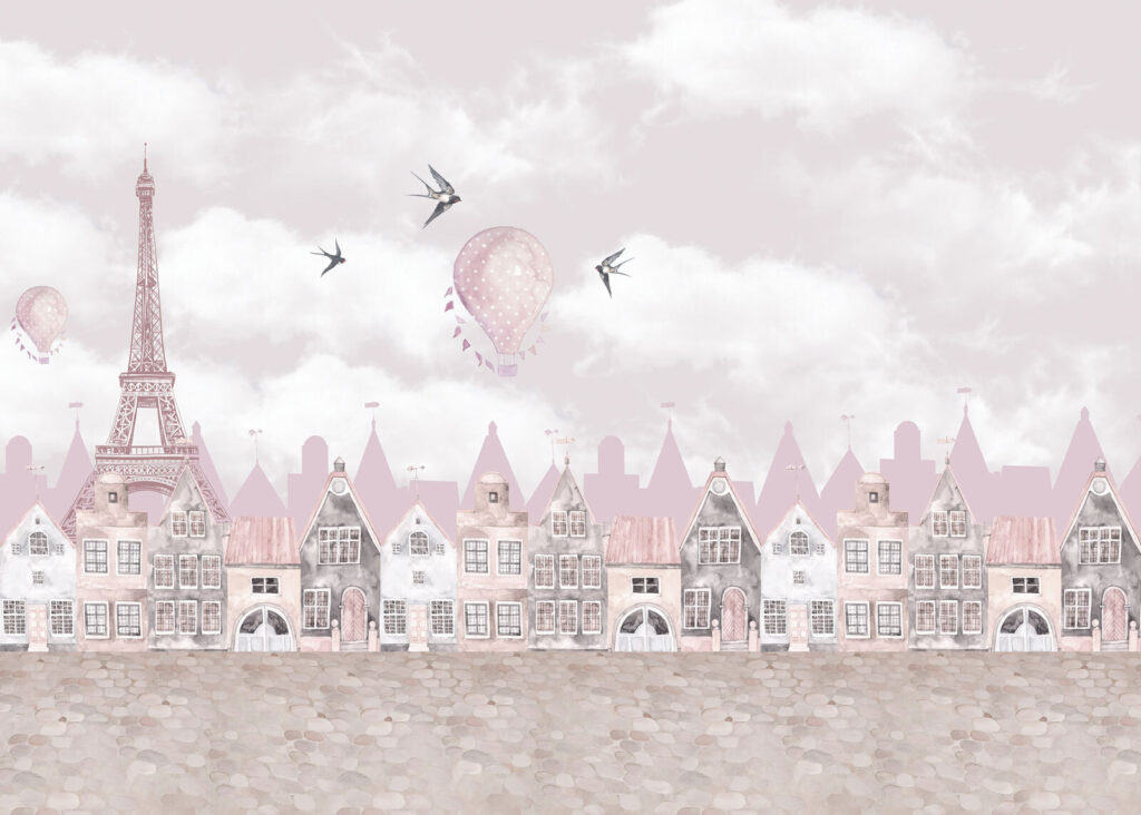 Roze huizen onder wolken — volledig ontwerp