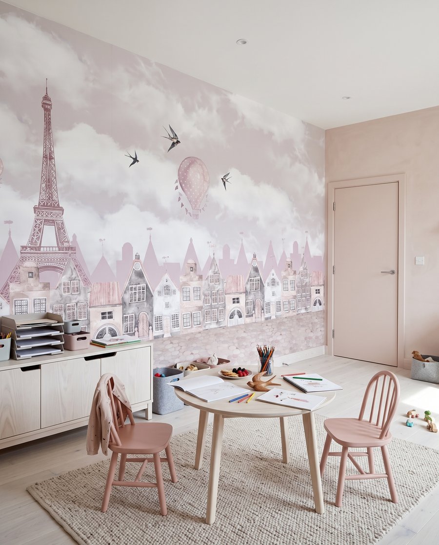 Roze huizen onder wolken in een interieur