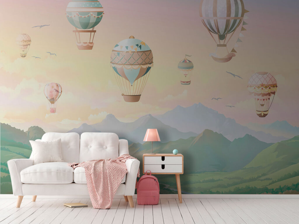 Groep heteluchtballonnen in de lucht in een interieur
