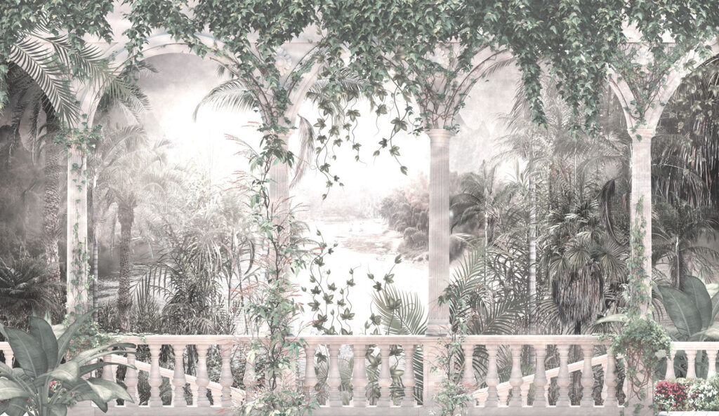 Bleke jungle achter arcade — volledig ontwerp