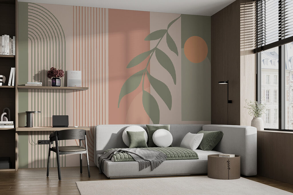 Groene en roze lijnen en een blad — interieur 3