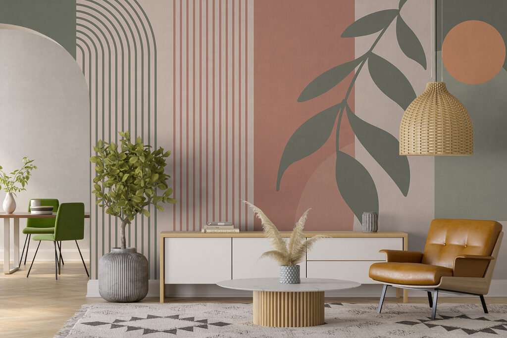 Groene en roze lijnen en een blad — interieur 4