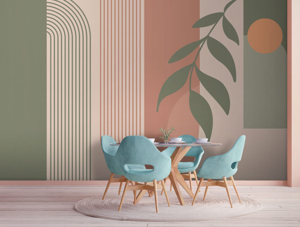 Groene en roze lijnen en een blad in een interieur