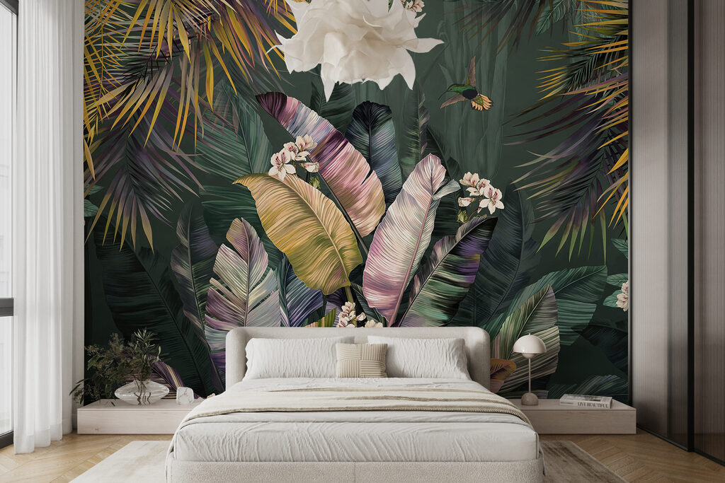 Tropenbladeren met lichte bloesem — interieur 4