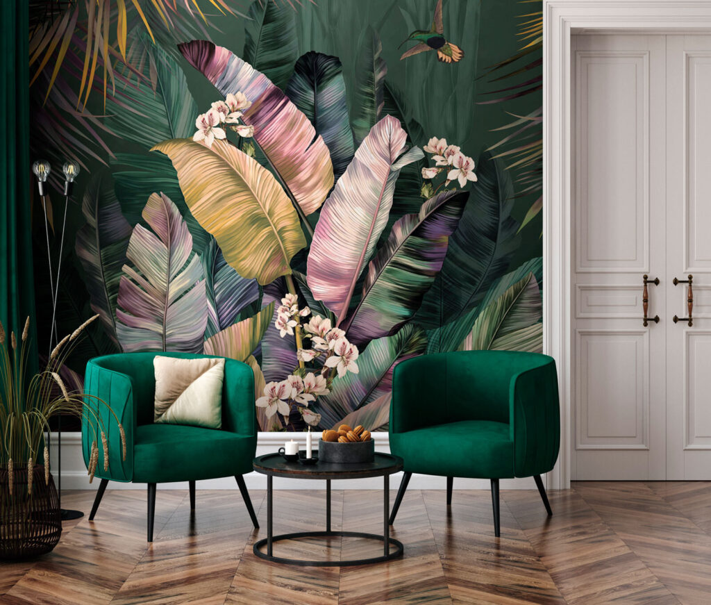 Tropenbladeren met lichte bloesem — interieur 1