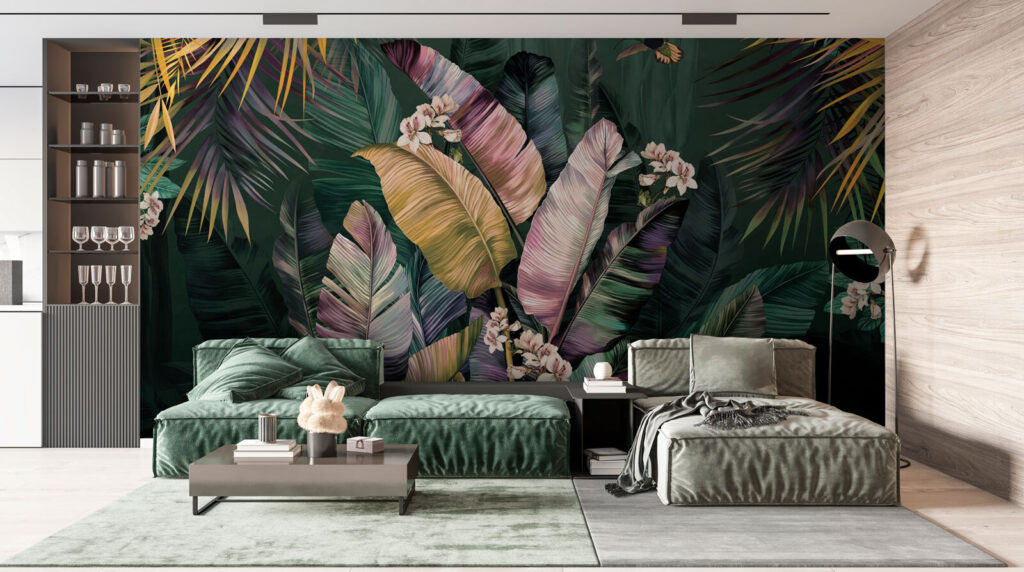 Tropenbladeren met lichte bloesem — interieur 3