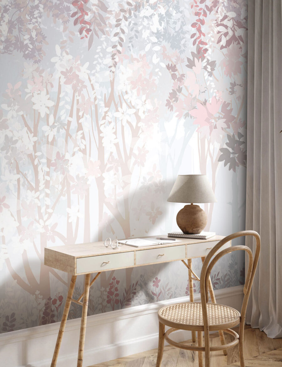 Wit en roze bloemenpatroon in een interieur