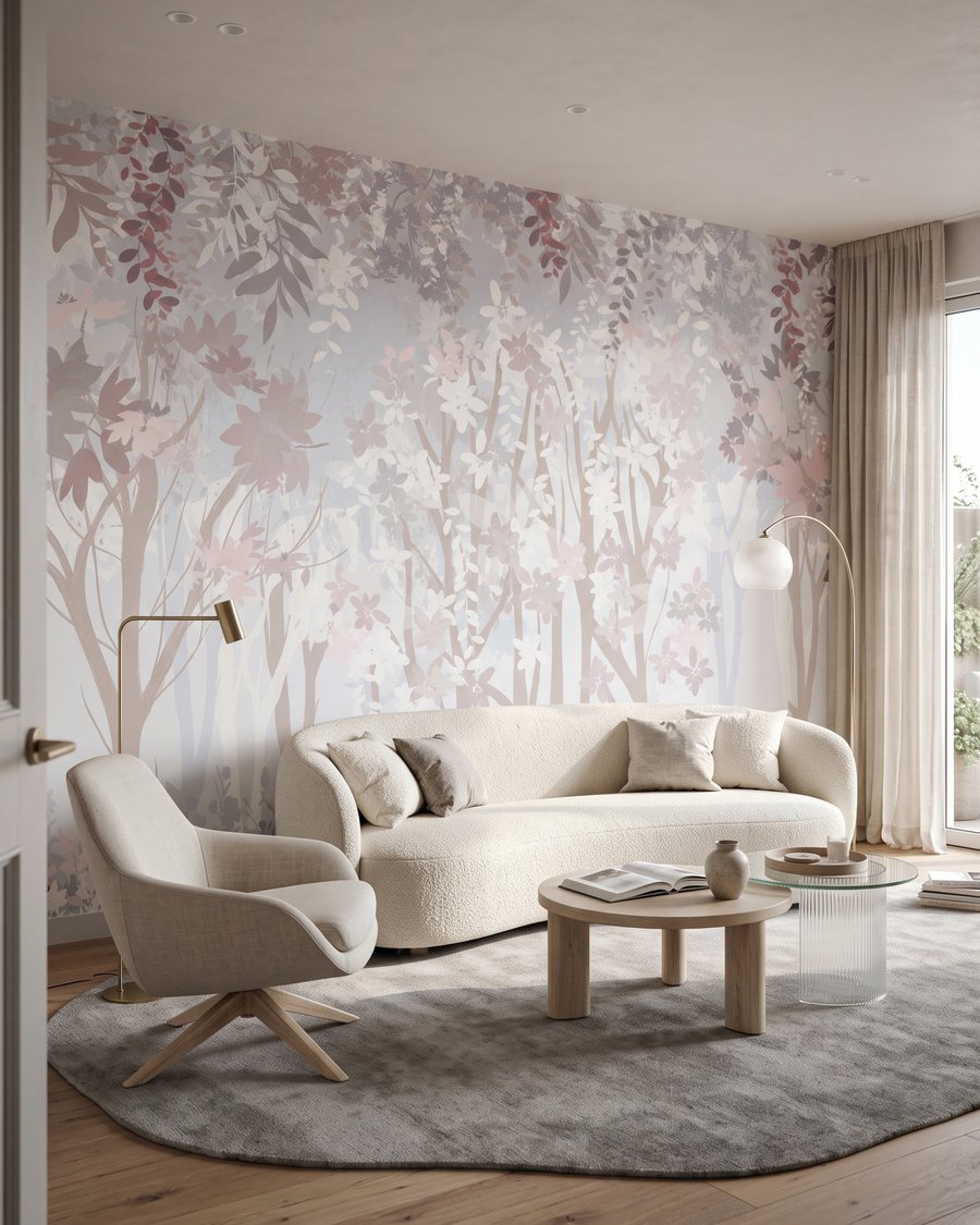 Bleekroze stammen en bosbloemen in een interieur