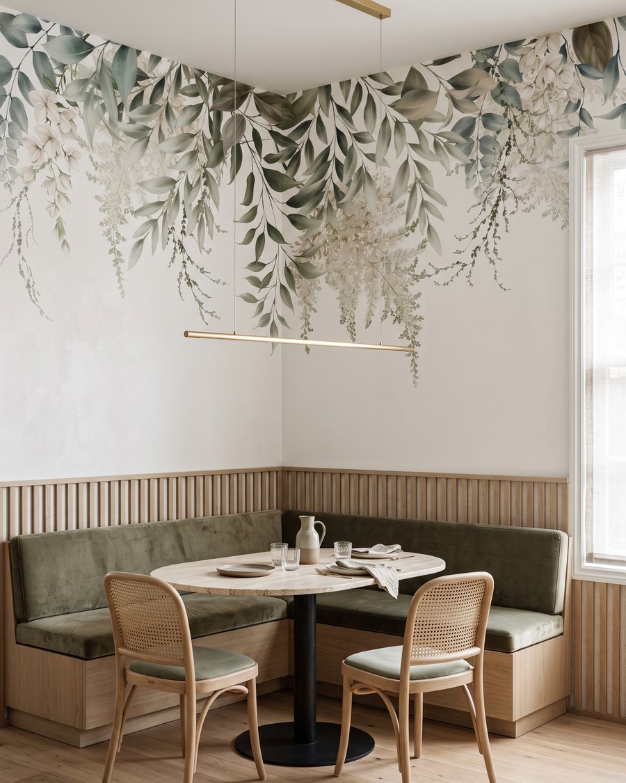 Groene blaadjes hangen samen in een interieur