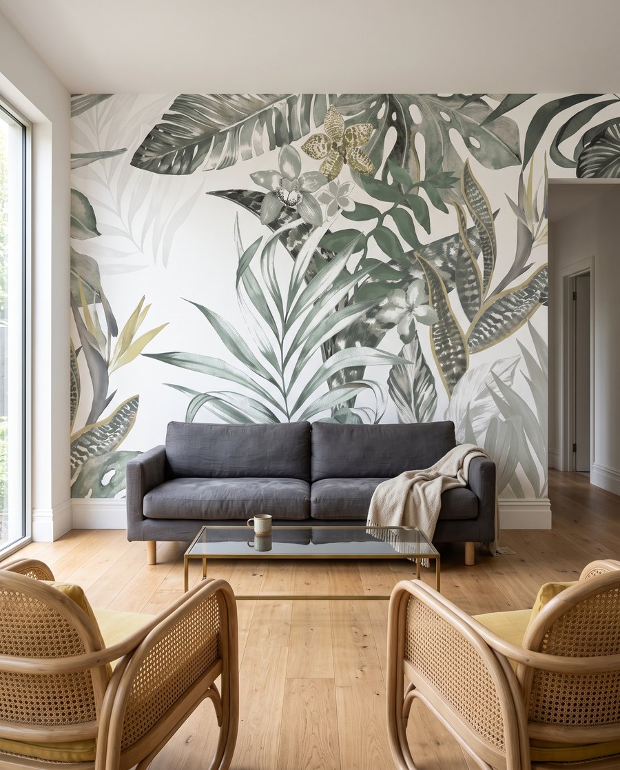 Tropische bladvormen in lijnenspel in een interieur