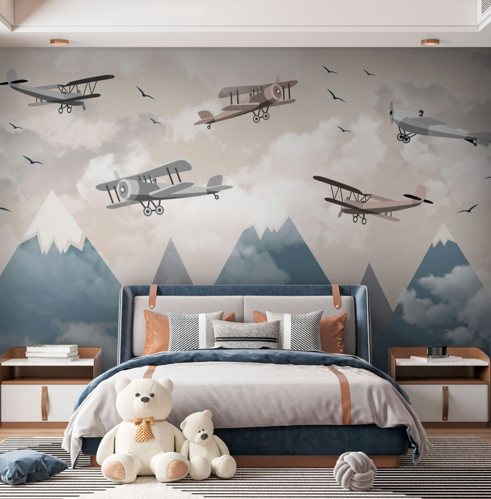 Groep vliegtuigen vliegend in de lucht in een interieur