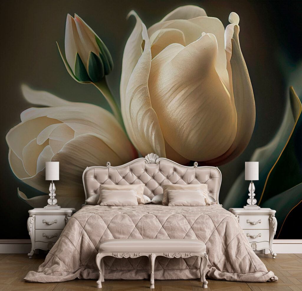 Roomwitte tulpen in schaduw — interieur 1