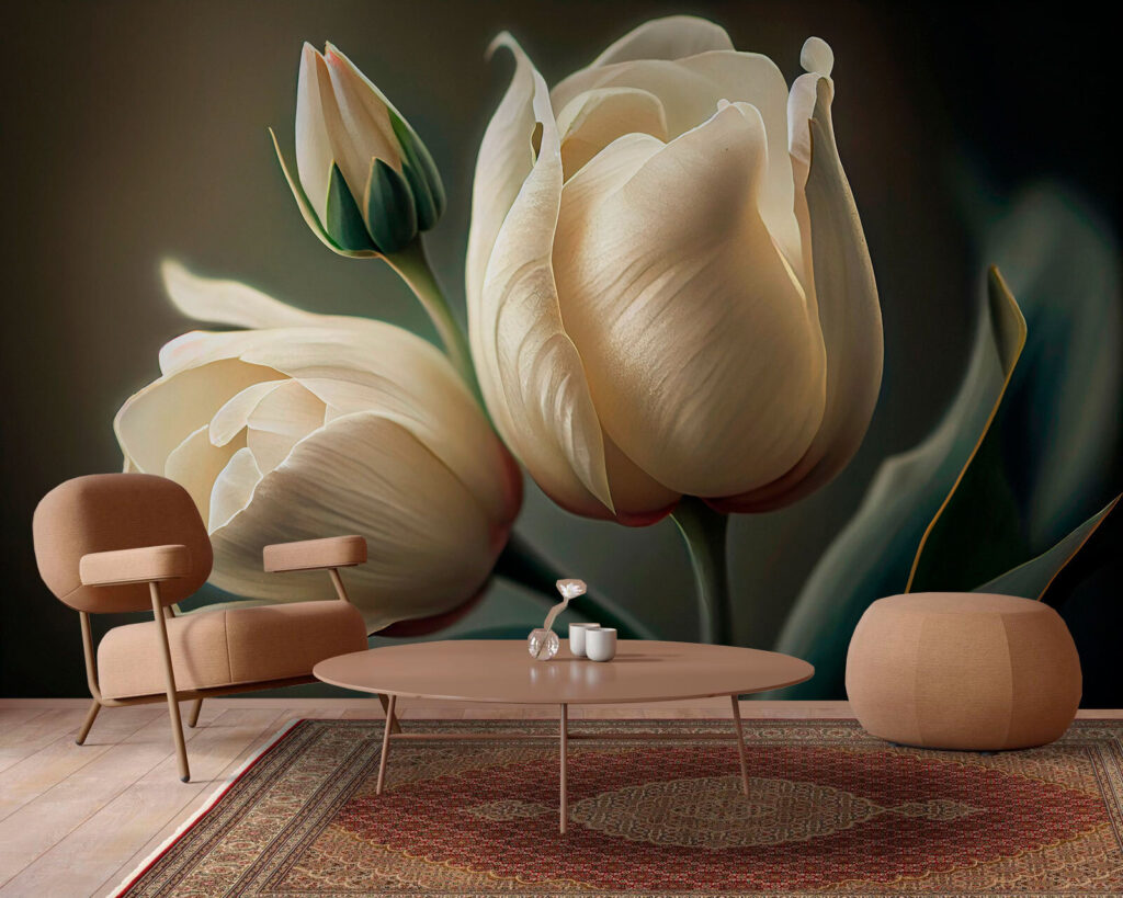 Roomwitte tulpen in schaduw — interieur 3