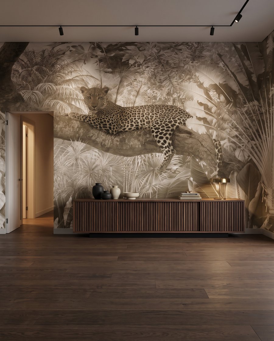 Luipaarden in bleke palmen in een interieur