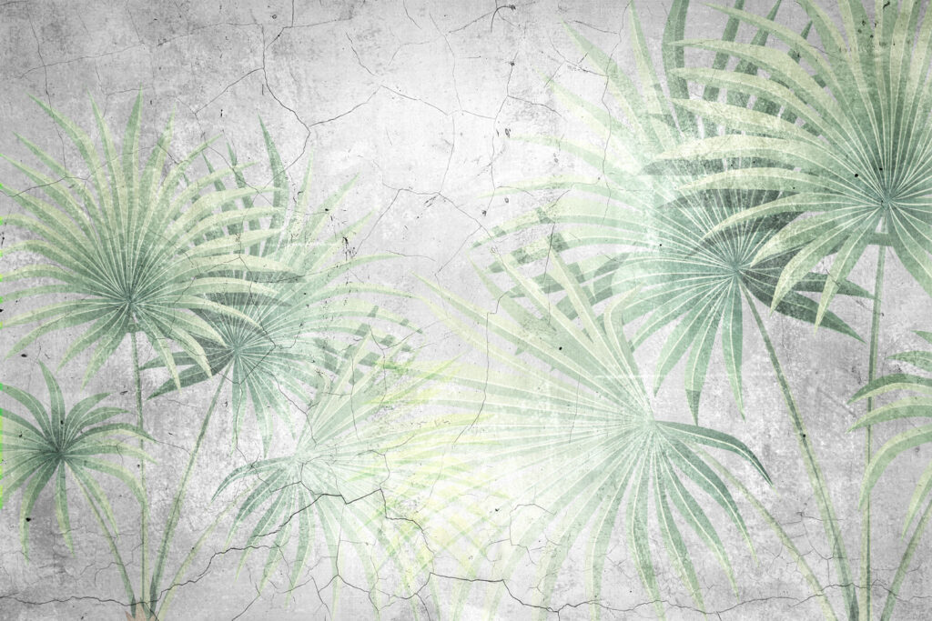 Palmwaaiers op verweerd pleisterpatroon — volledig ontwerp
