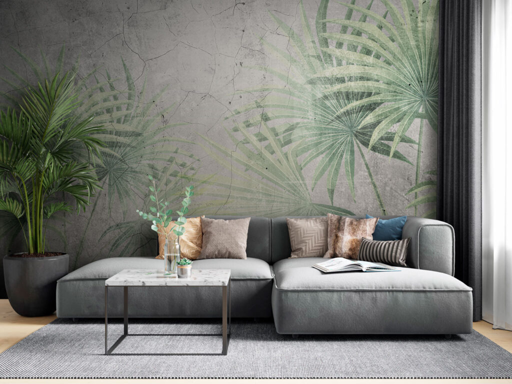 Palmwaaiers op verweerd pleisterpatroon — interieur 2