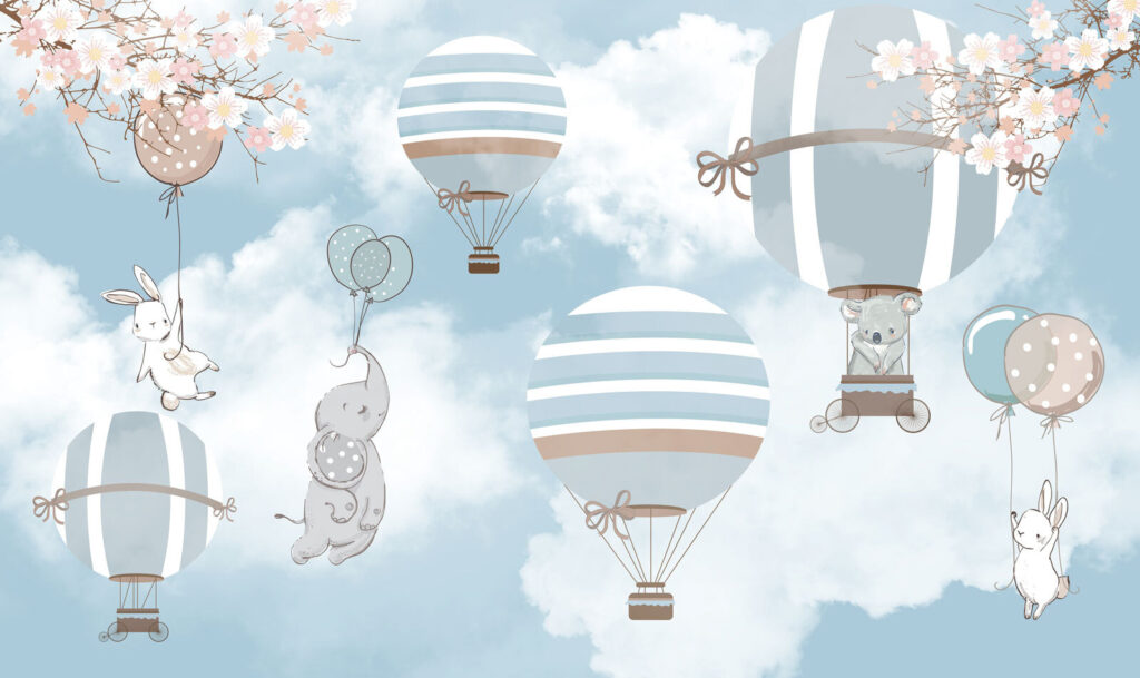 Konijntjes aan blauwe luchtballonnen — volledig ontwerp