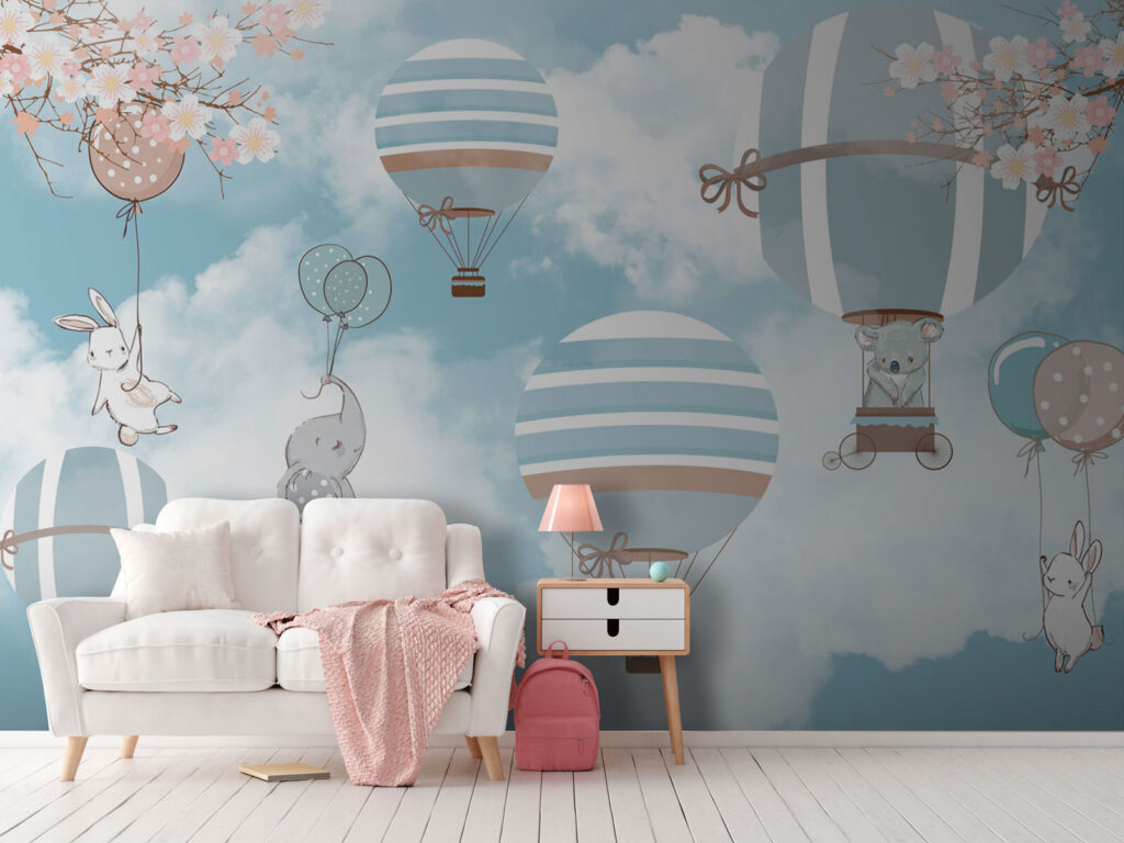 Konijntjes aan blauwe luchtballonnen — interieur 1