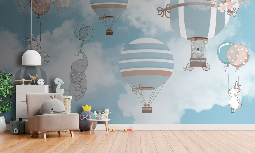 Konijntjes aan blauwe luchtballonnen — interieur 2