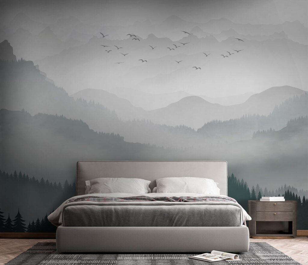 Vogels boven mistige boslagen — interieur 2