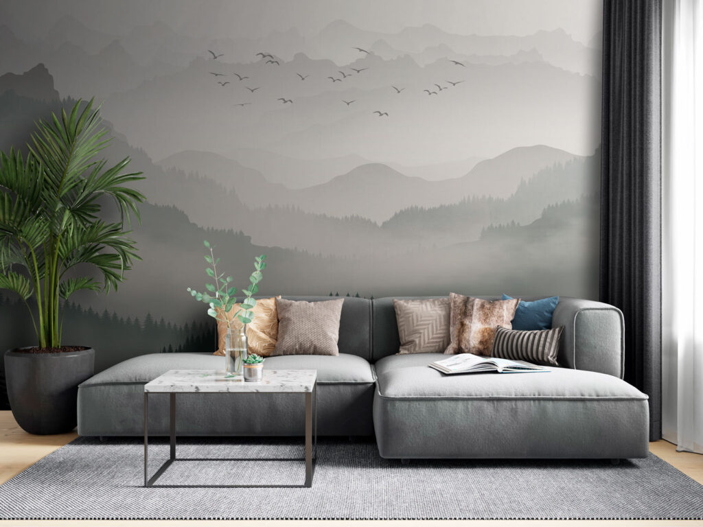 Vogels boven mistige boslagen — interieur 1