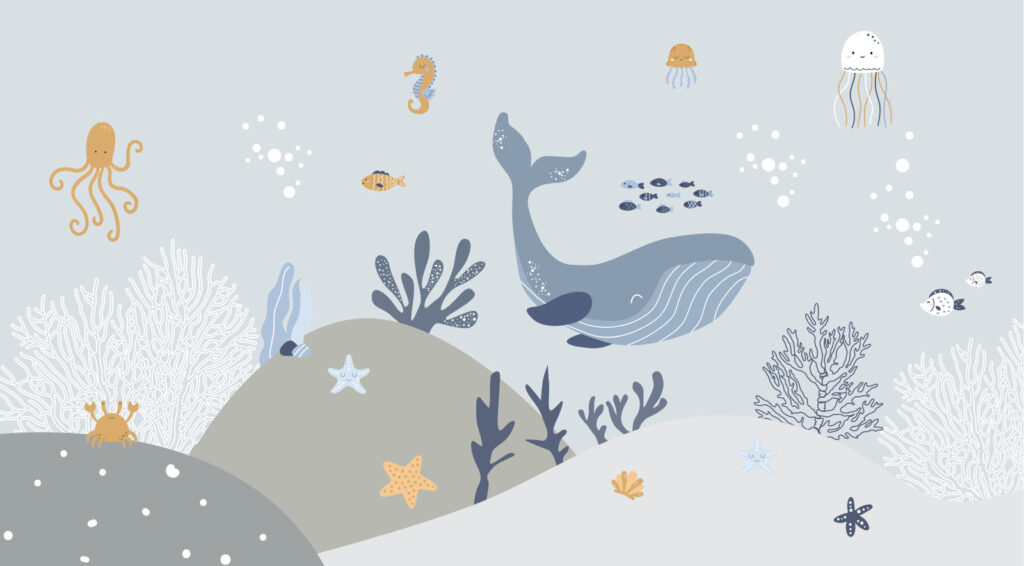Walvis en vis onder water — volledig ontwerp