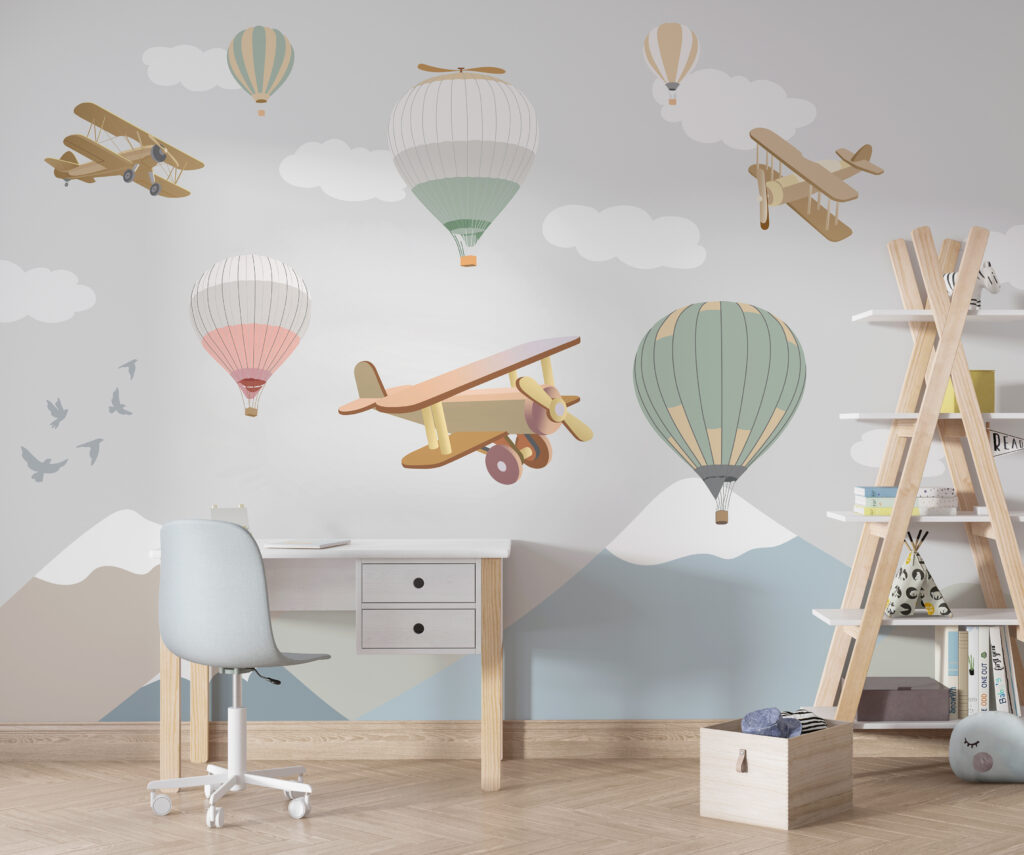 Luchtreizen boven vlakke pastelbergen — interieur 1