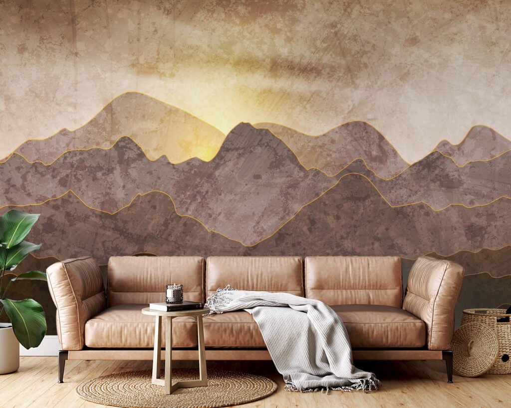 Schilderij van bergen en zon in een interieur