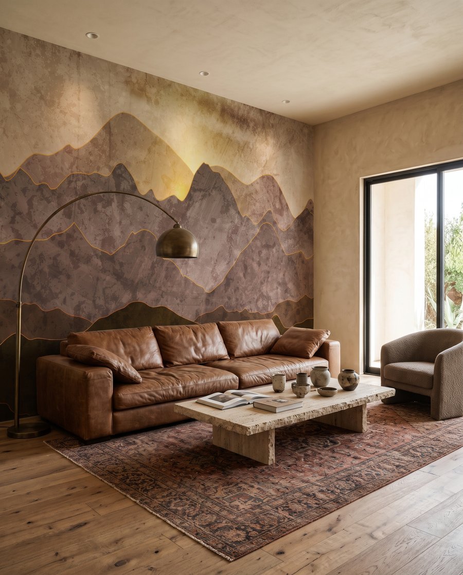 Zon achter bruine bergen in een interieur