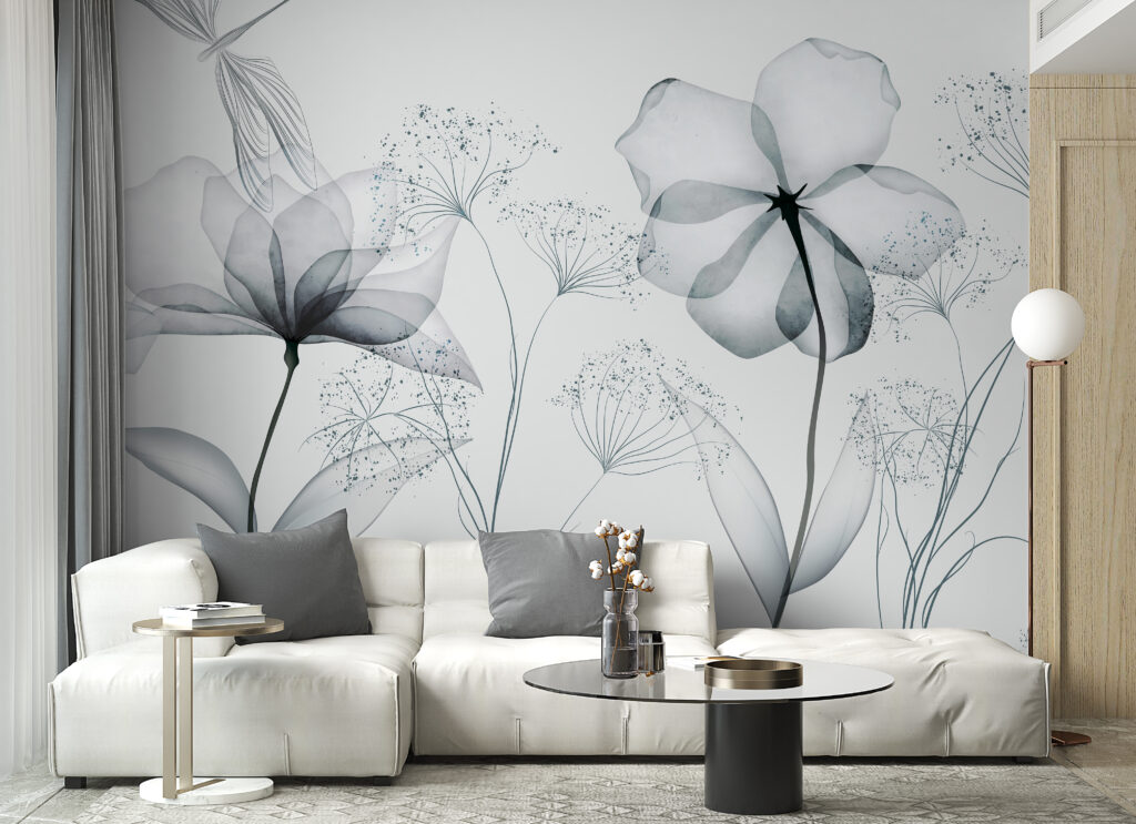 Transparante bloemen met bladeren in een interieur