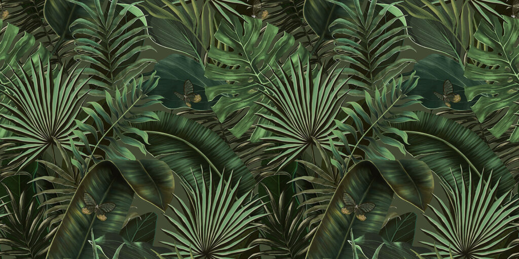 Groene junglewaaiers op zwart — volledig ontwerp