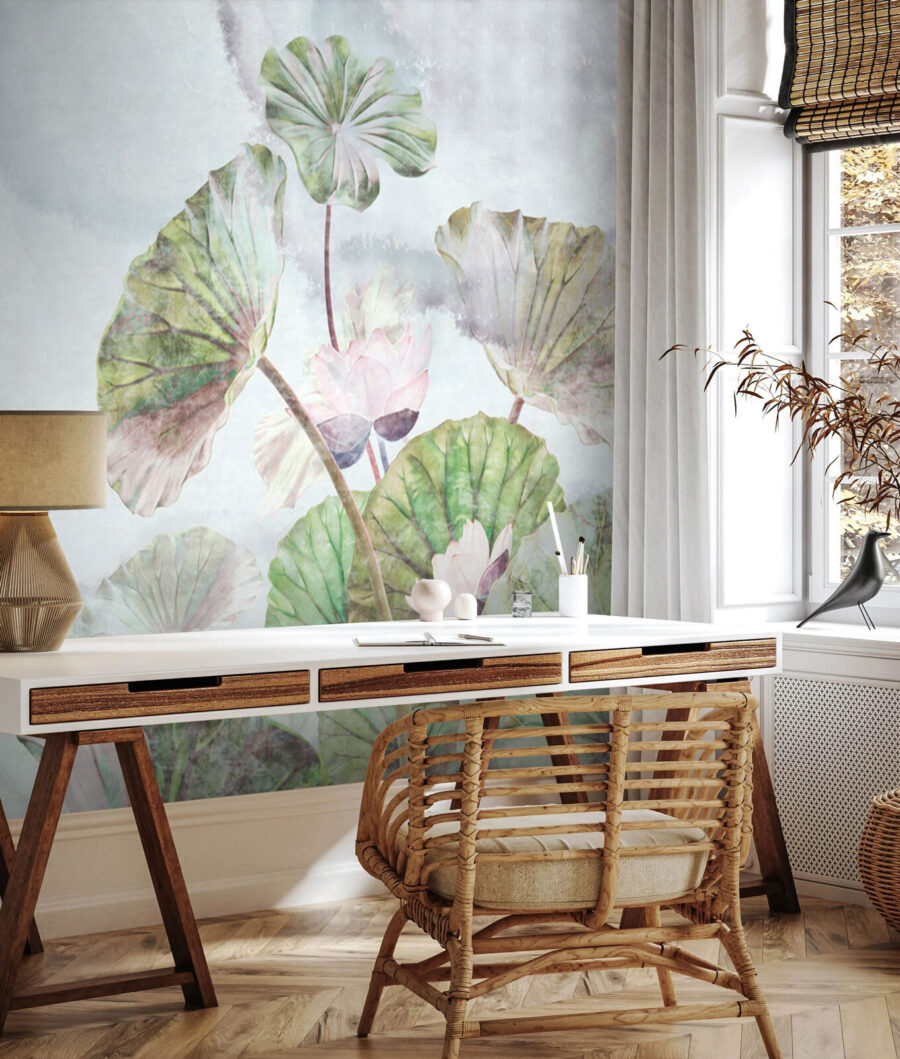 Lotusbladeren boven lichte verfnevel — interieur 2
