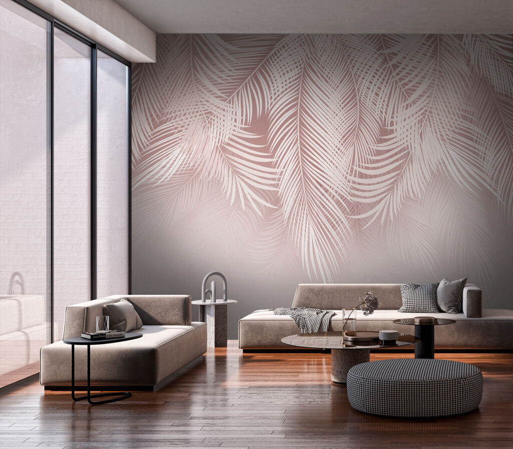 Witte bladeren op een roze achtergrond in een interieur