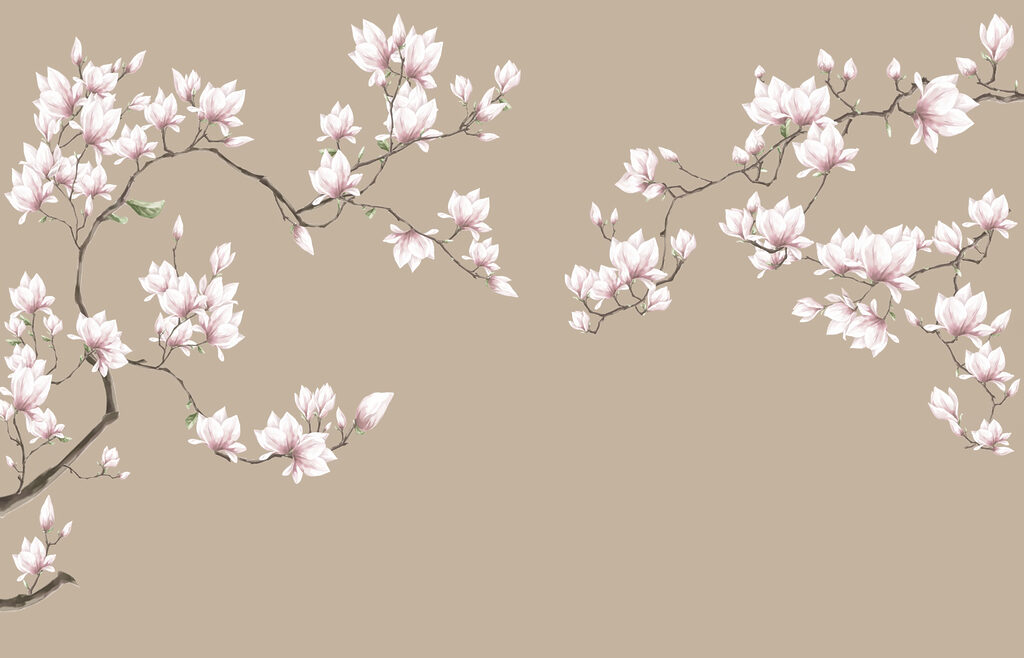 Lichtroze magnolia op taupe — volledig ontwerp