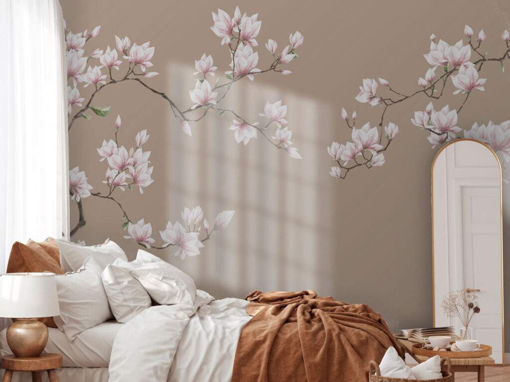 Lichtroze magnolia op taupe — interieur 2