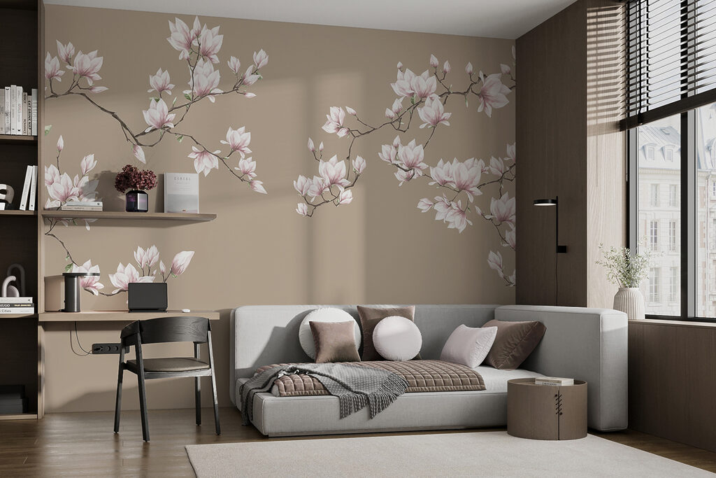 Lichtroze magnolia op taupe — interieur 4