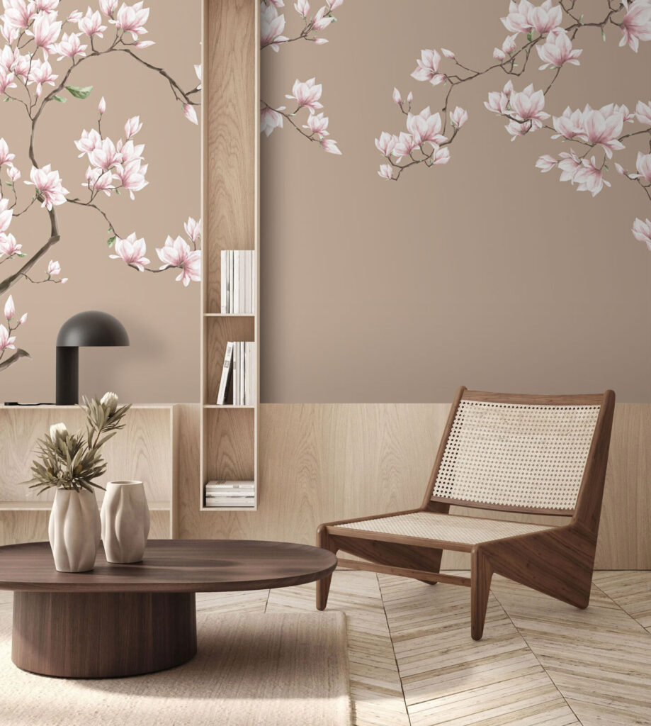Lichtroze magnolia op taupe — interieur 1