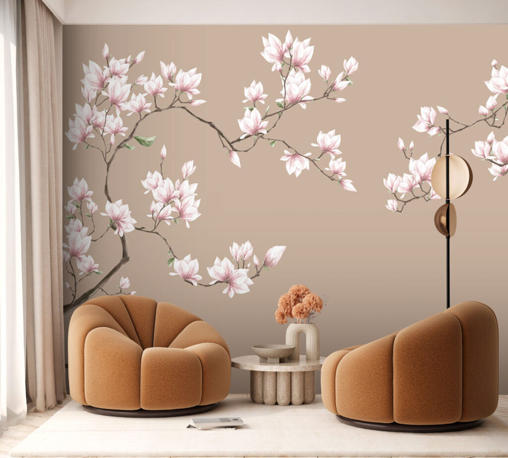 Lichtroze magnolia op taupe — interieur 3