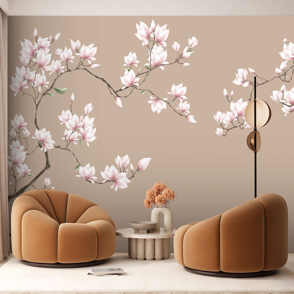 Lichtroze magnolia op taupe — interieur 5