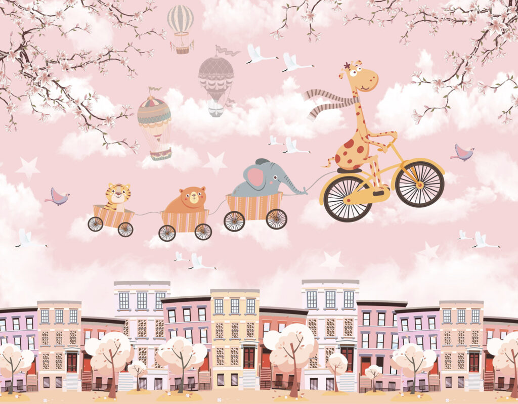 Dieren fietsen boven pastelstad — volledig ontwerp