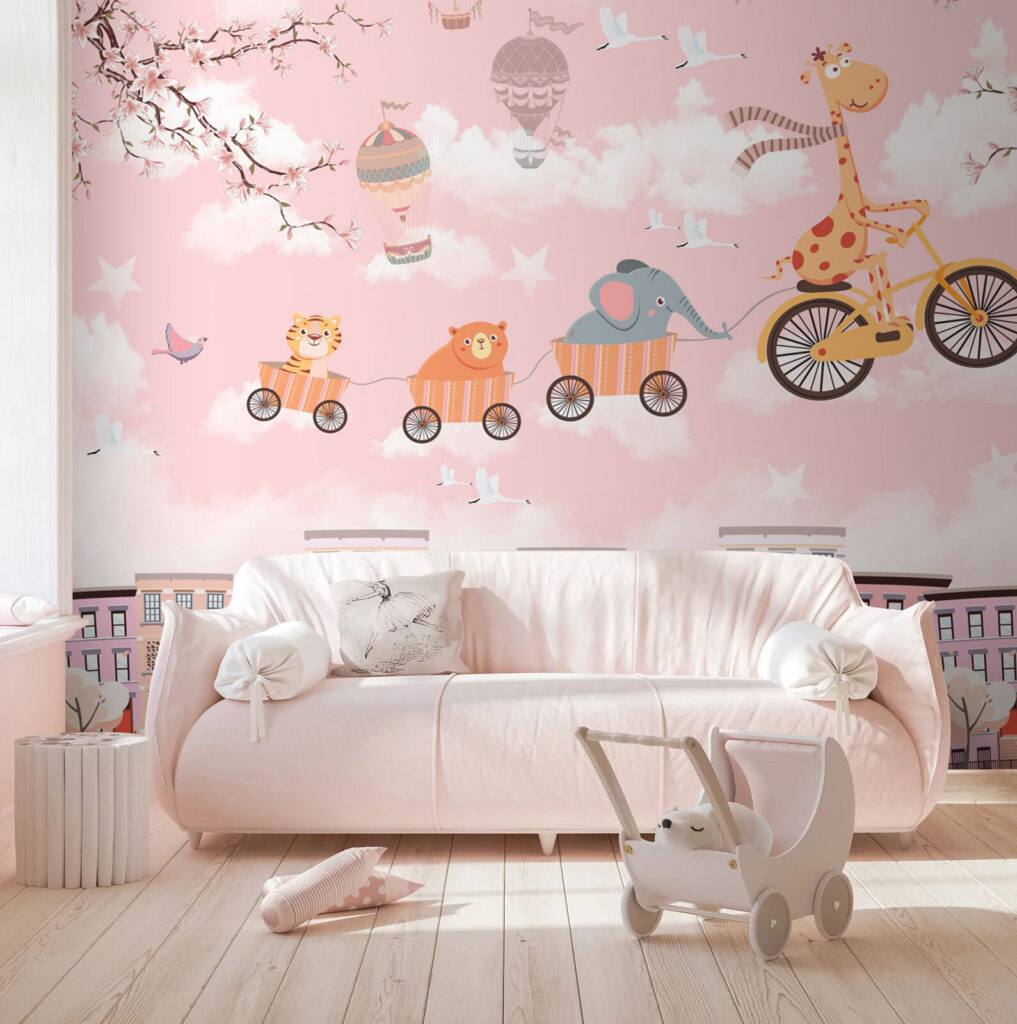 Dieren fietsen boven pastelstad — interieur 1