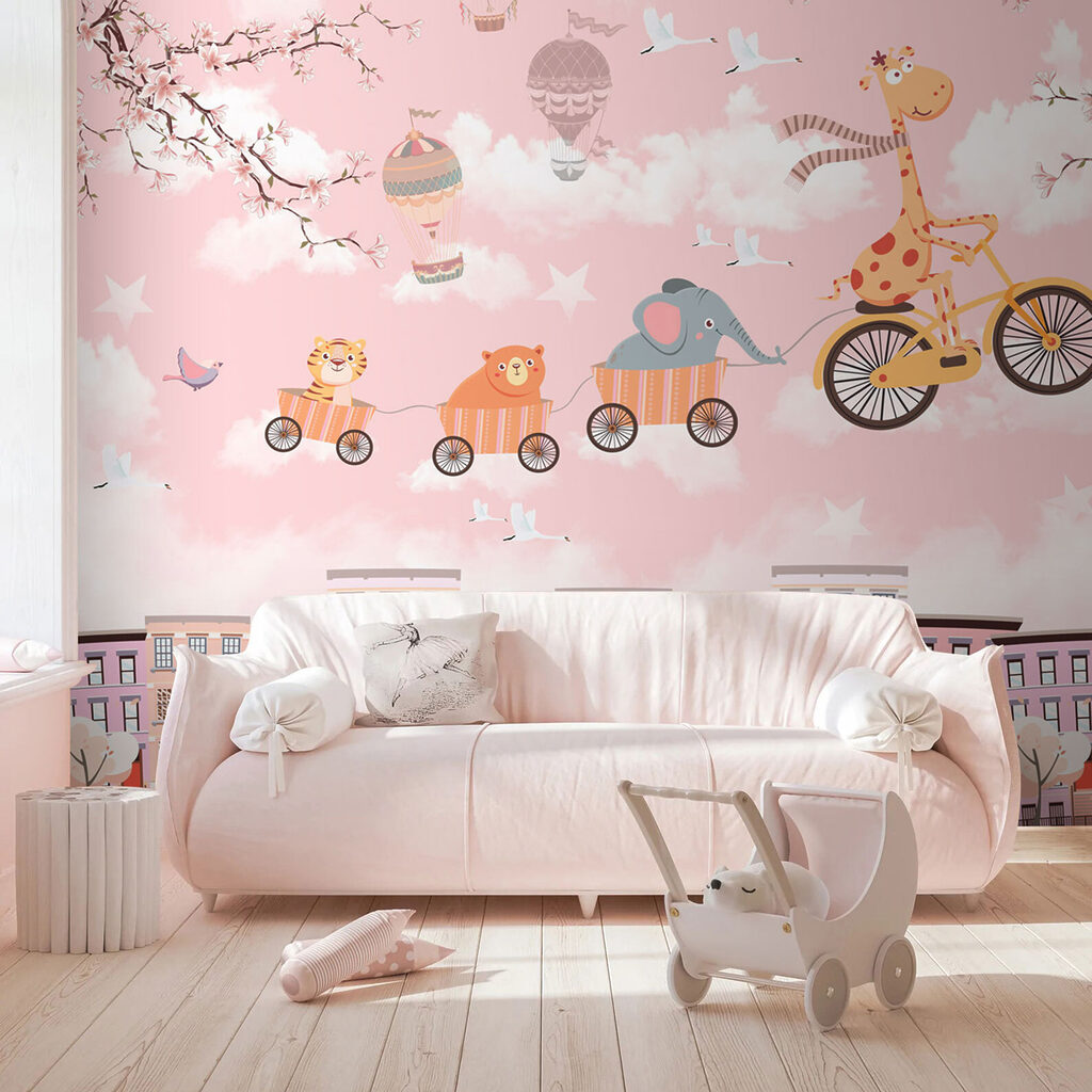 Dieren fietsen boven pastelstad — interieur 3