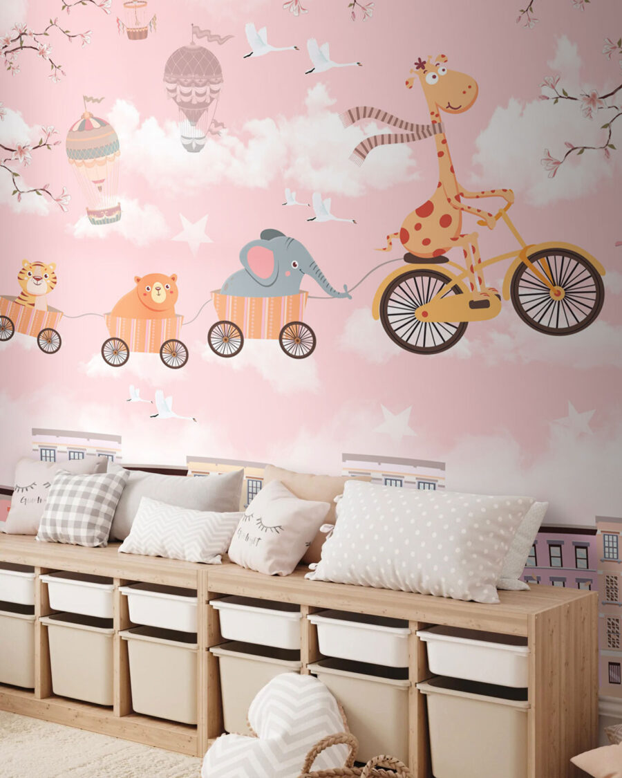Dieren fietsen boven pastelstad — interieur 2