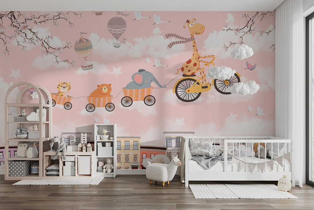 Dieren fietsen boven pastelstad — interieur 4