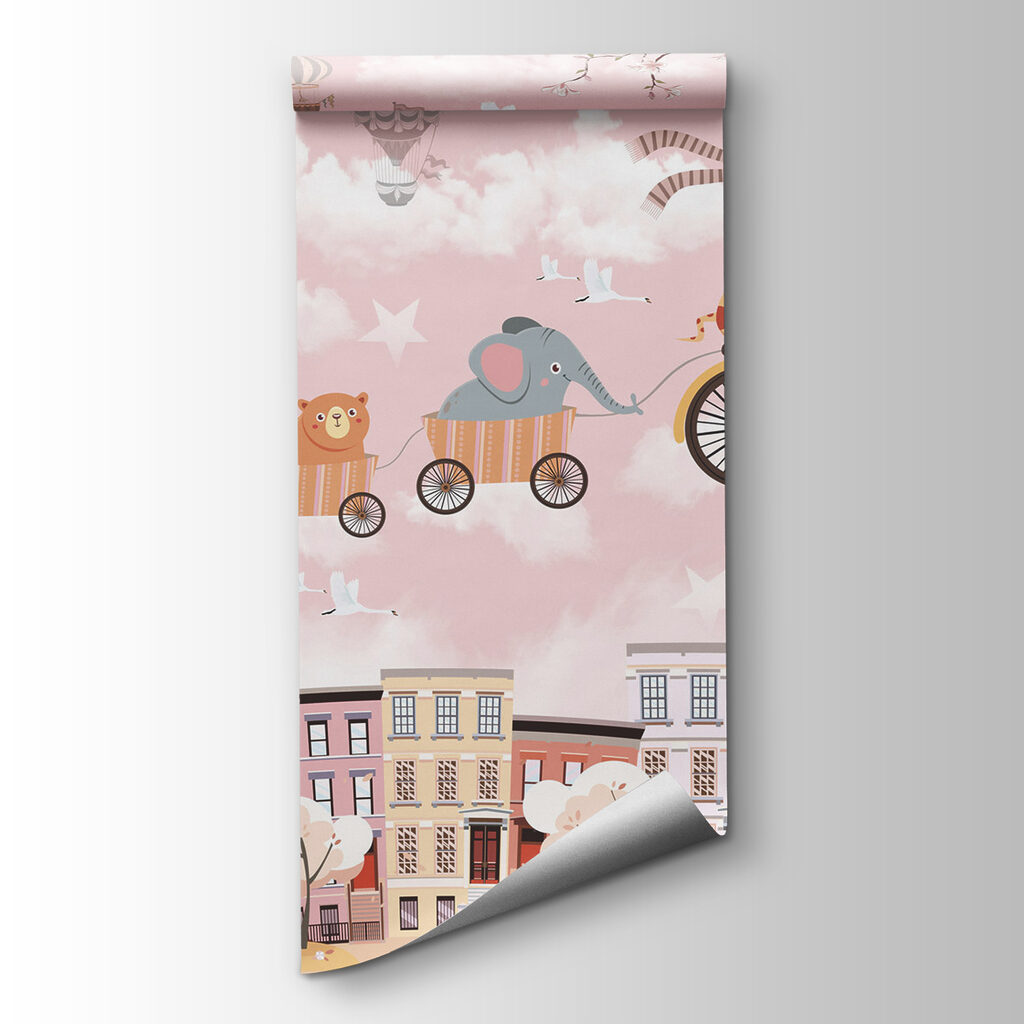 Dieren fietsen boven pastelstad — productweergave